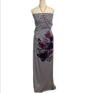 Boho stripe jersey knit halter tie maxi dress